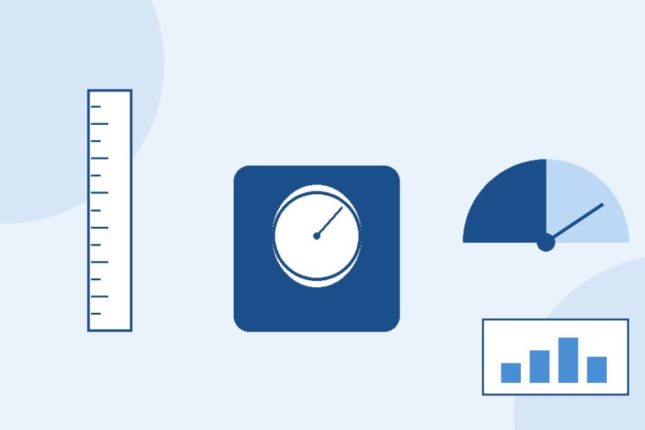 Flat-style illustration of a scale, height ruler, and health gauge representing BMI calculation