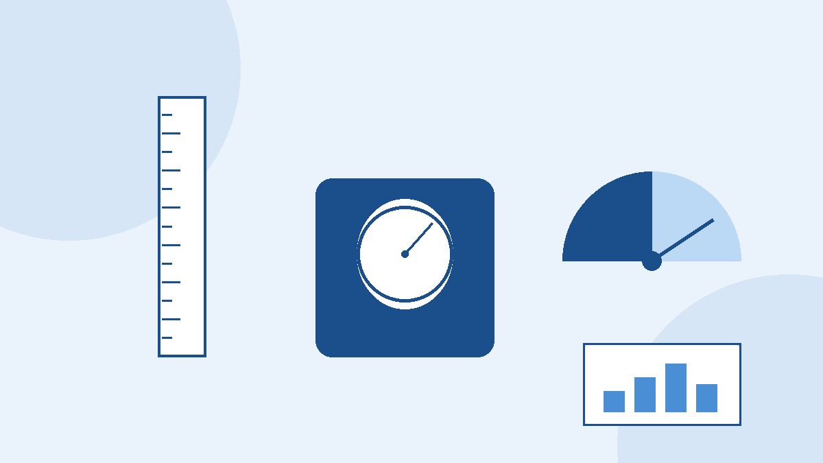 Flat-style illustration of a scale, height ruler, and health gauge representing BMI calculation