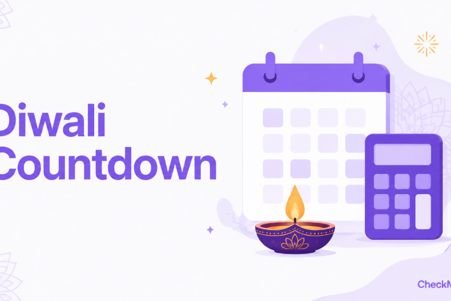Diwali countdown illustration with a calendar, calculator and lit diya.