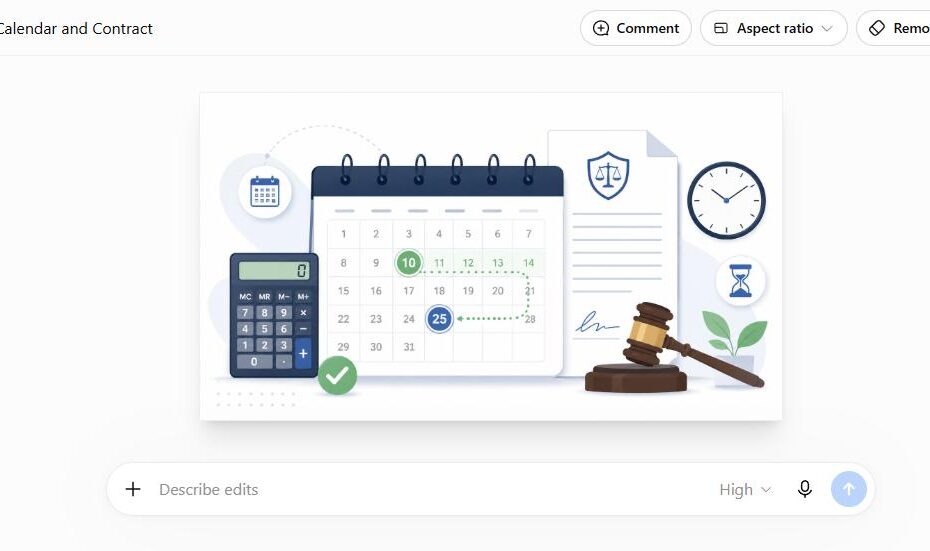 Calendar and gavel illustration representing counting days between two dates for legal and contract deadlines