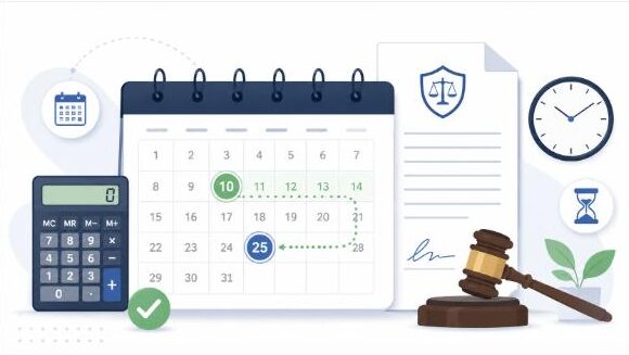 Calendar and gavel illustration representing counting days between two dates for legal and contract deadlines