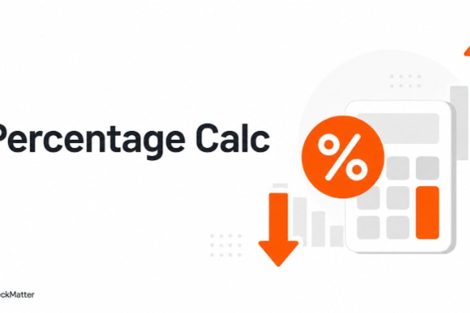 Percentage Calc illustration with a percent icon, calculator, and up/down arrows representing percentage increase and decrease