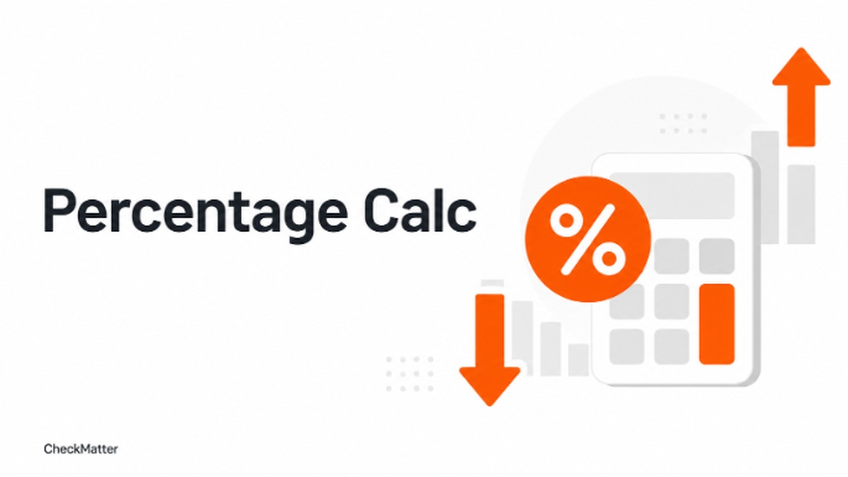 Percentage Calc illustration with a percent icon, calculator, and up/down arrows representing percentage increase and decrease