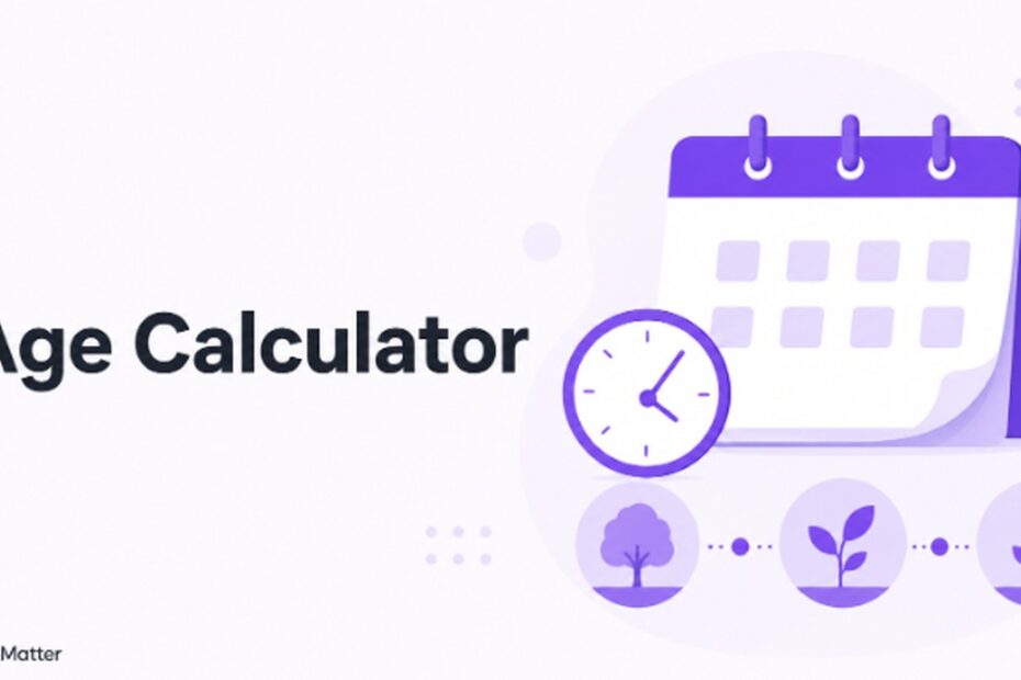 Age Calculator illustration with a calendar and clock representing calculating your exact age in years, months, and days