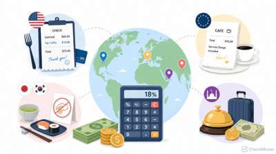 World map with tip calculator, restaurant check, and cash illustrating tipping etiquette by country