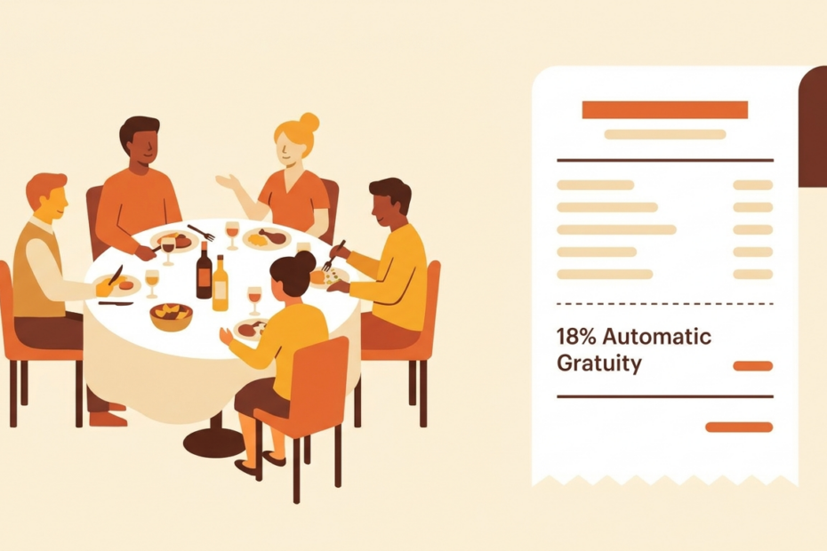 Illustration of automatic gratuity and tip calculation for large restaurant group bills, related to the Tip Calculator tool