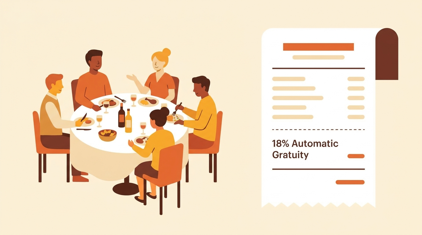 Illustration of automatic gratuity and tip calculation for large restaurant group bills, related to the Tip Calculator tool