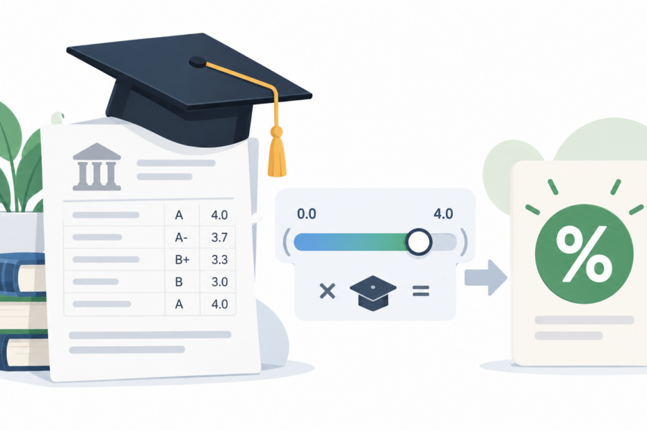 Illustration of a graduation cap, transcript with letter grades, and a scale converting to a percentage symbol, representing CGPA to percentage conversion