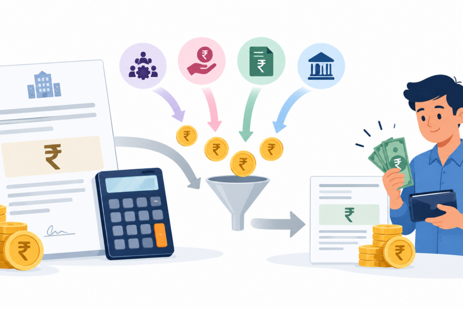 Illustration showing CTC salary breaking down into PF, gratuity, tax deductions and final in-hand take-home pay