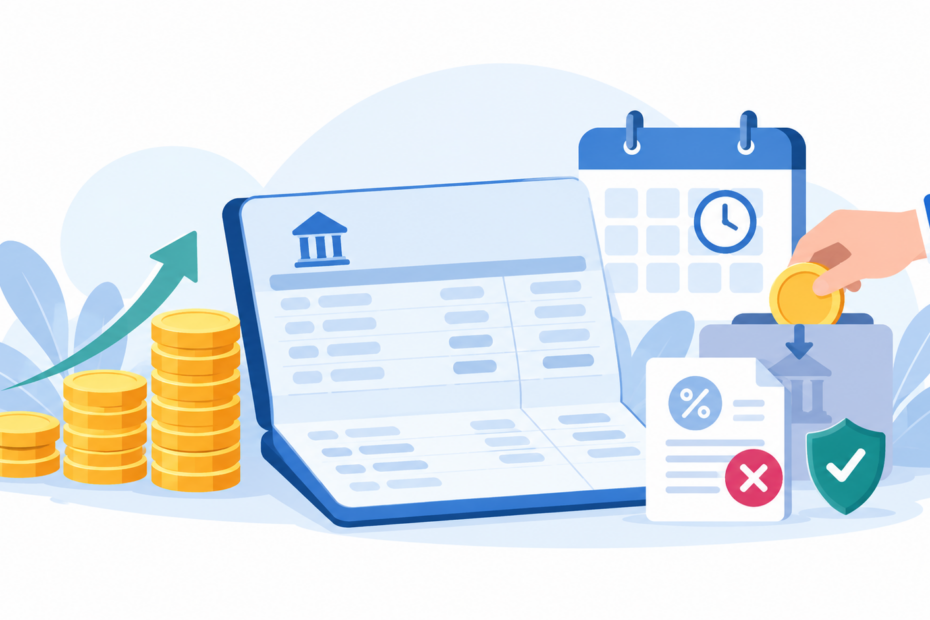 EPF withdrawal illustration with an account statement, calendar, coins and eligibility checks.