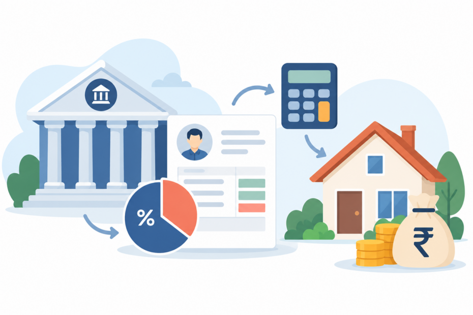 Illustration showing a bank, salary payslip with percentage split, and a house with rupee coins representing home loan eligibility calculation
