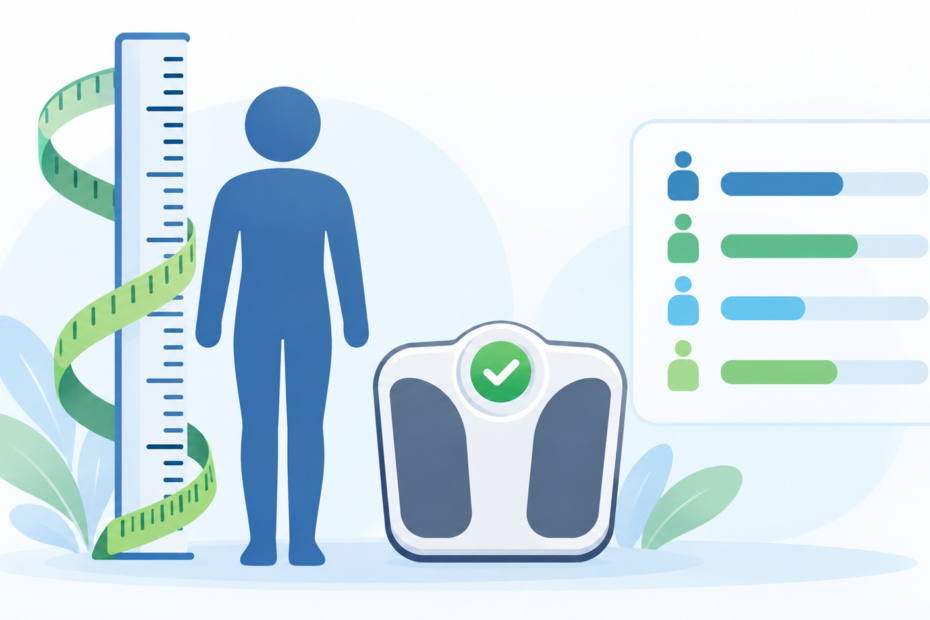 Flat-style illustration representing ideal body weight calculation with height, weight and formula comparison icons