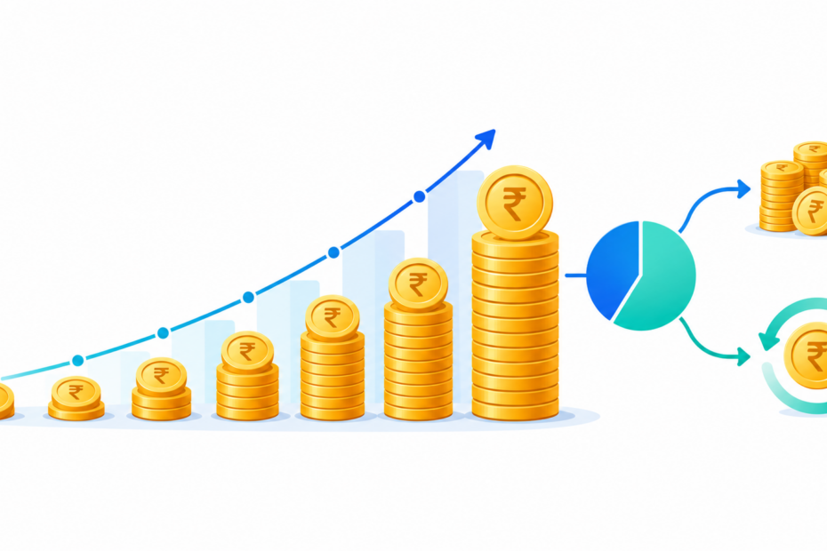 NPS illustration showing growing rupee savings split between a lump sum and recurring income.