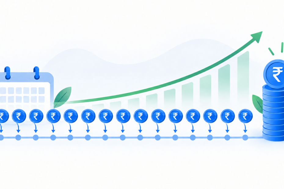PPF illustration showing regular rupee deposits growing over time into a maturity balance.