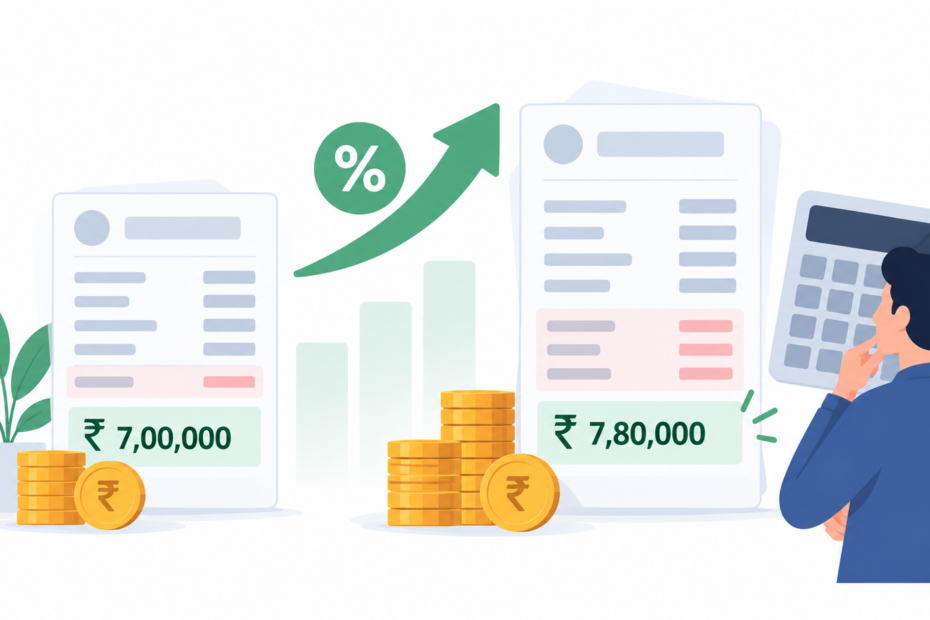 Illustration of a salary hike calculator showing CTC increasing from one payslip to a higher one with an upward arrow and percentage symbol