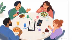 Splitting the bill and tip fairly among friends at a restaurant table using a tip calculator