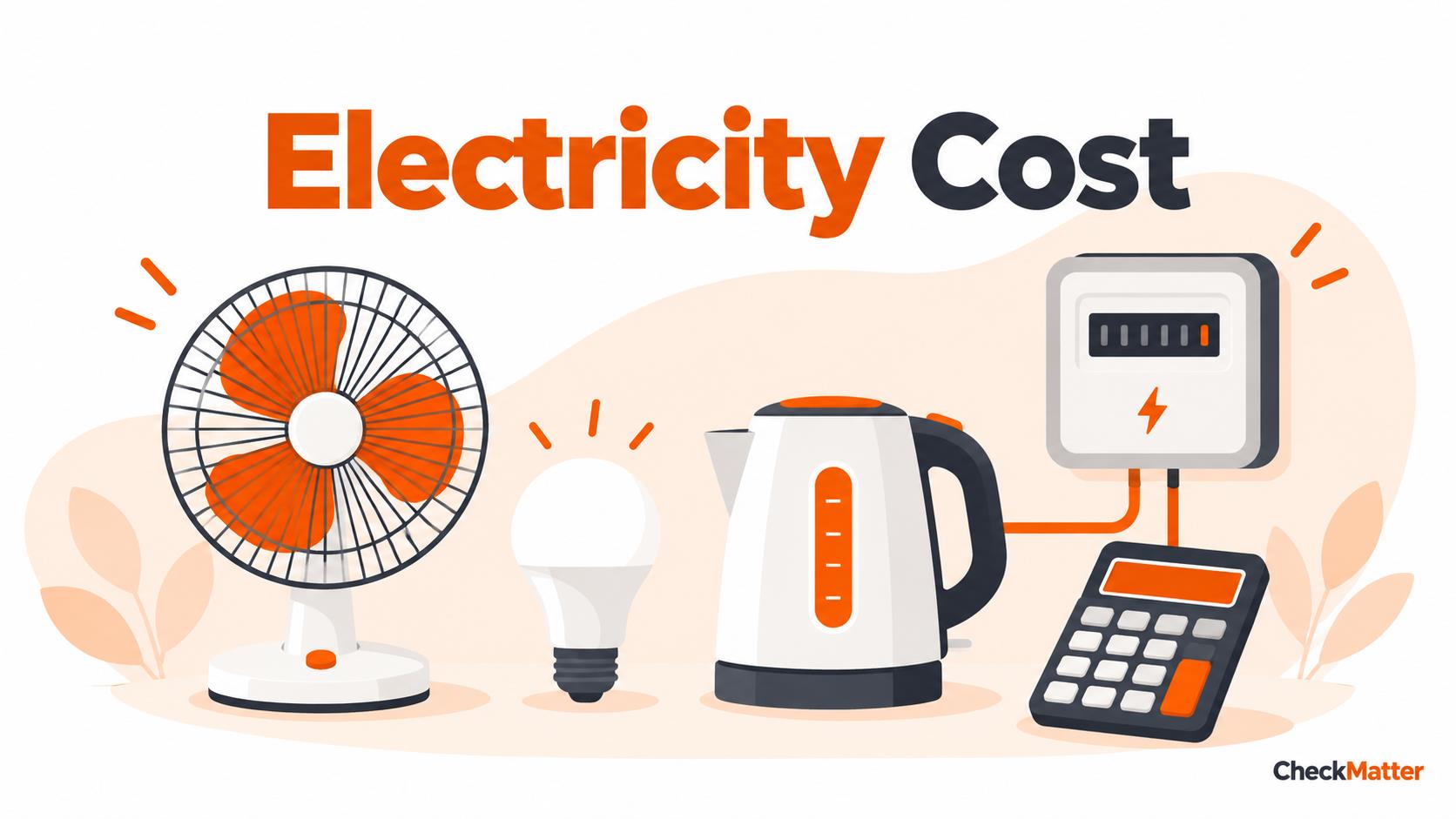 Fan, LED bulb, kettle, electricity meter and calculator illustrate appliance energy costs.