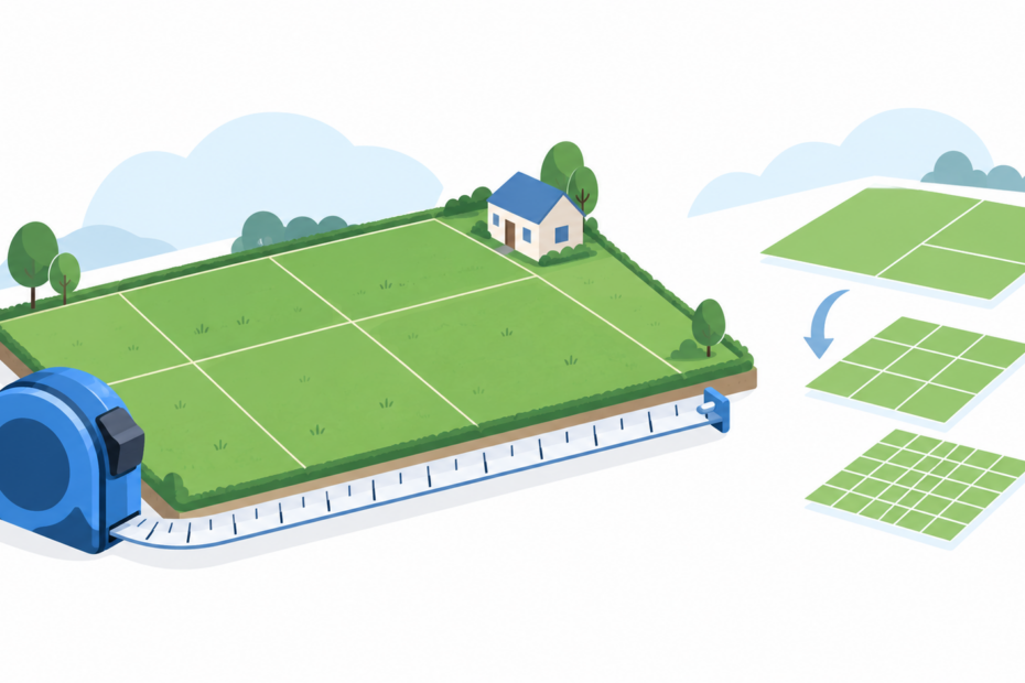 Land plot with a measuring tape and grids illustrating conversion between area units.