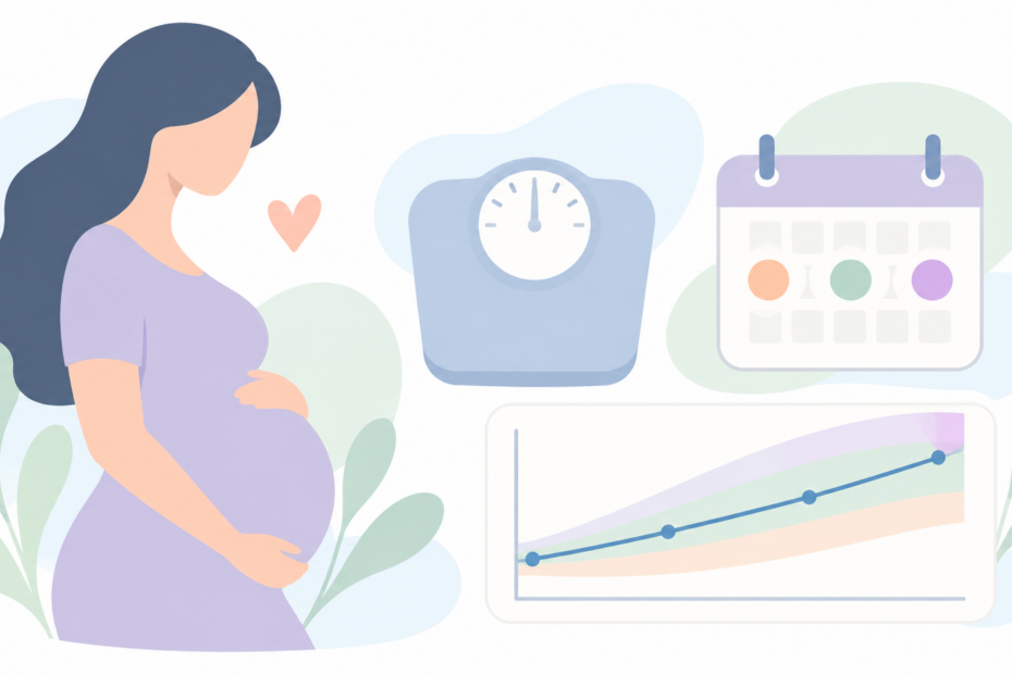 Illustration of a pregnant woman beside a scale, calendar and weight-gain chart.