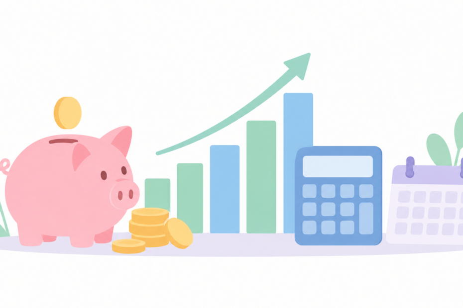 Flat minimalist illustration representing Sukanya Samriddhi Yojana calculator with piggy bank, growth chart, calculator, and calendar icons