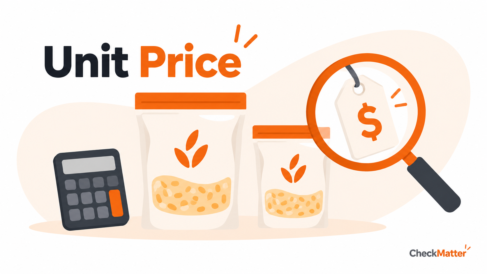 Two grocery packs beside a calculator and magnifying glass illustrate comparing unit prices.